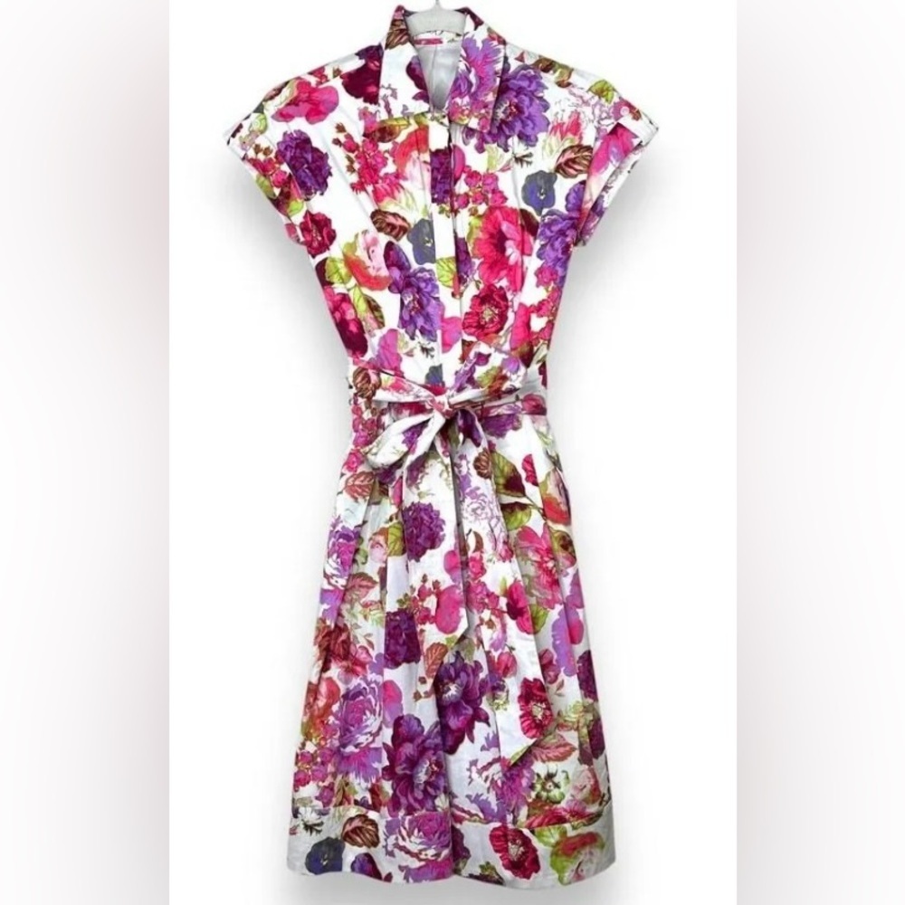 Eliza J Retro 50s Floral Shirt Dress Pink Purple Cotton Midi Size 6